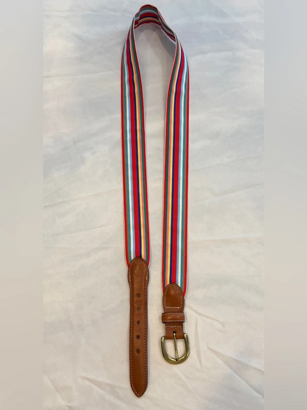 Barrons—Hunter Multicolor Stripe Belt with Brown Leather/Brass Buckle Sz 40